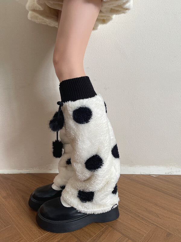 Cream Polka-Dot Pom-Pom Leg Warmers