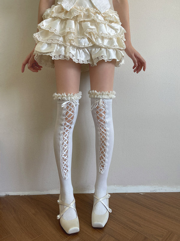 Dark coquette ribbon over-knee stockings