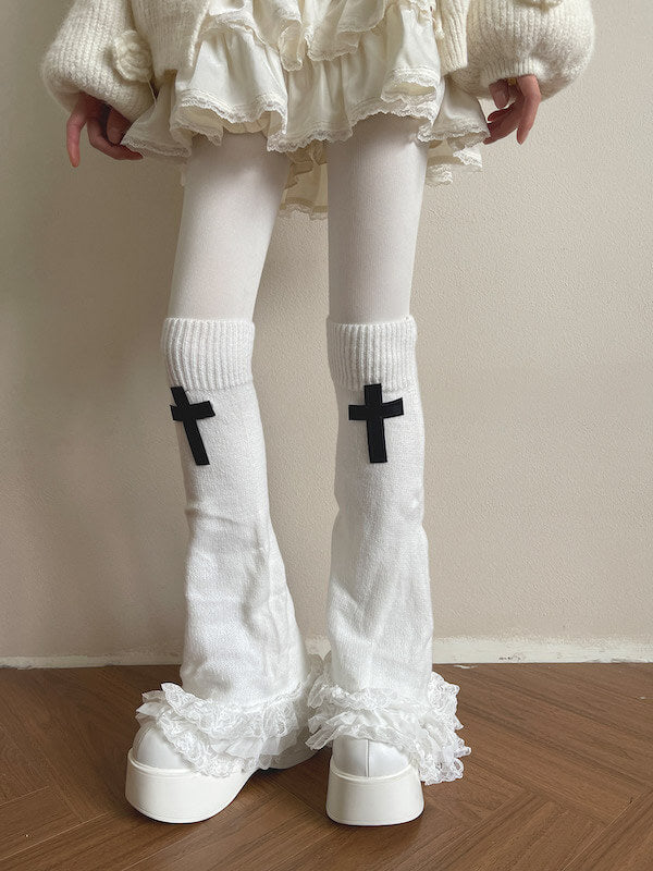 Gothic cross lace layered flared leg warmers