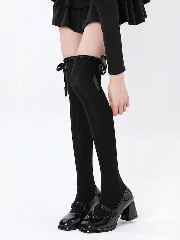 Ruffled bow over knee stockings