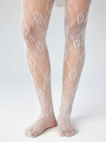 White Floral Lace Fishnet Tights