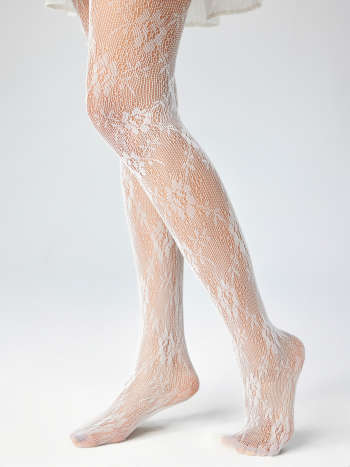 White Floral Lace Fishnet Tights