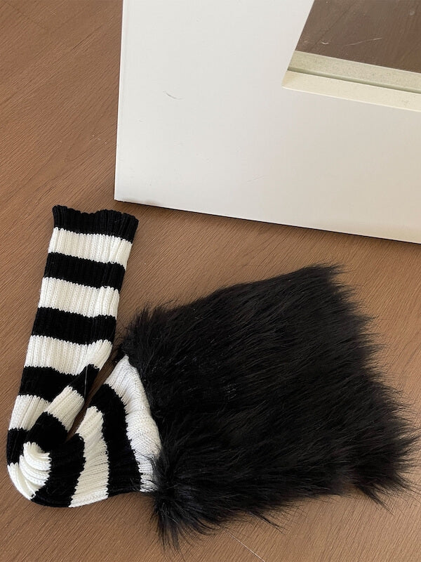 Baddie stripped patchwork furry leg warmers