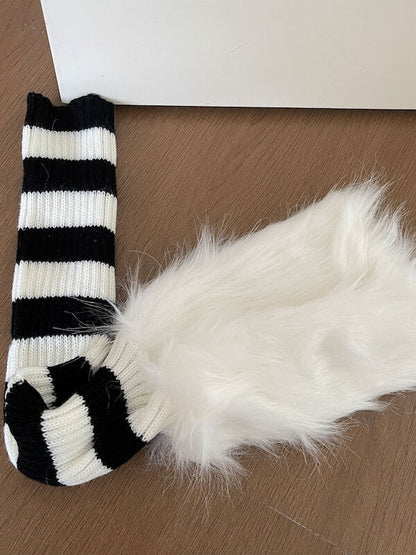 Baddie stripped patchwork furry leg warmers