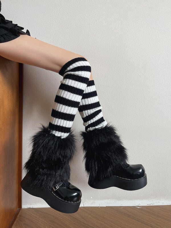 Baddie stripped patchwork furry leg warmers