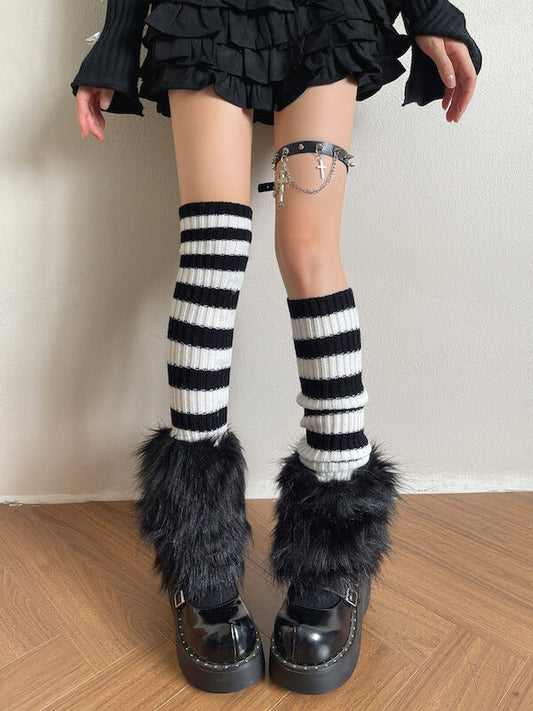 Baddie stripped patchwork furry leg warmers