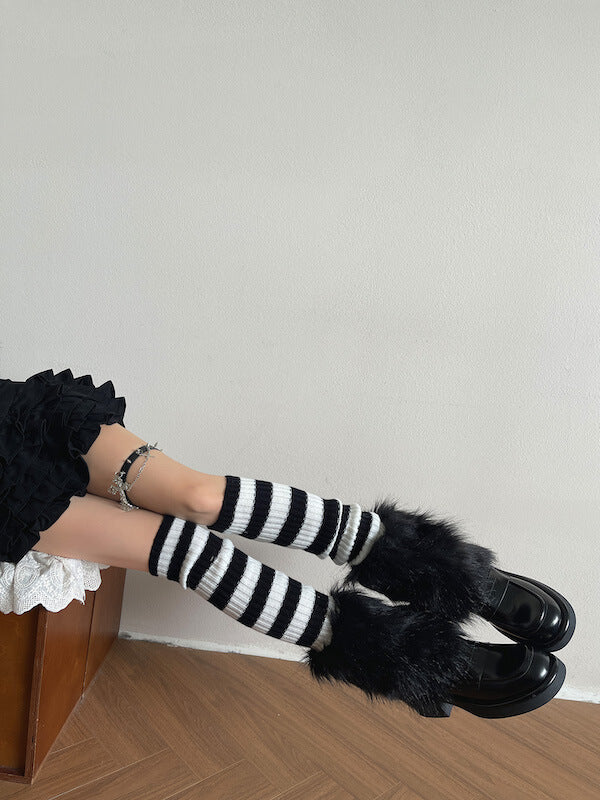 Baddie stripped patchwork furry leg warmers