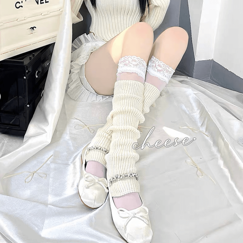 Beige White Leg Warmers + Lace Stockings