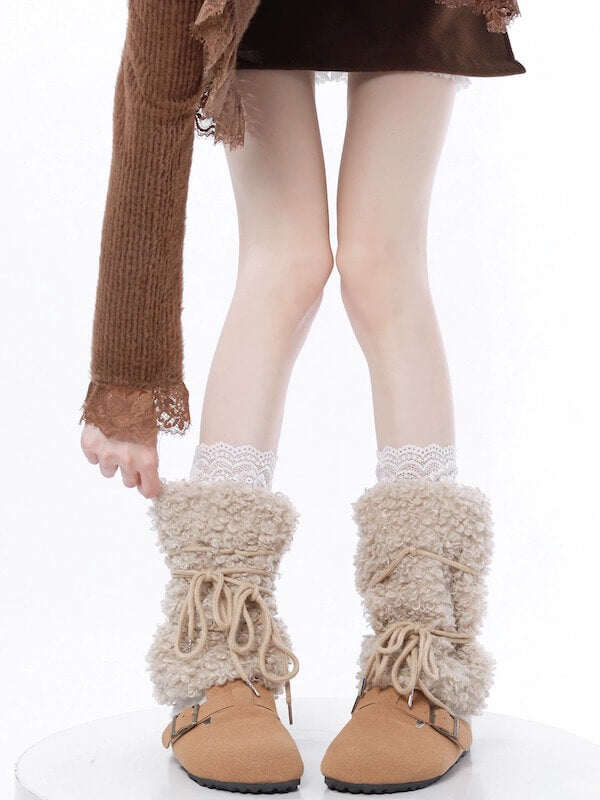 Bear doll fluffy lace-up leg warmers