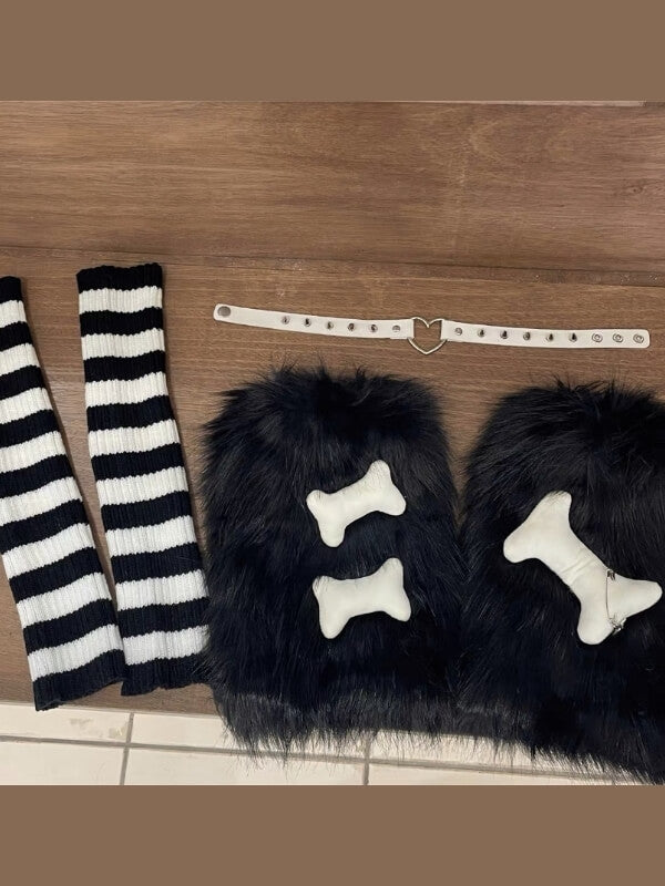 Black furry bones y2k garter leg warmers