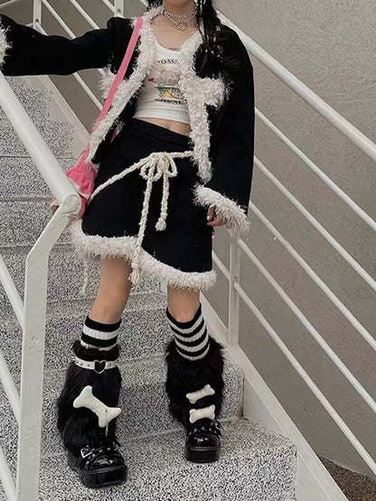 Black furry bones y2k garter leg warmers