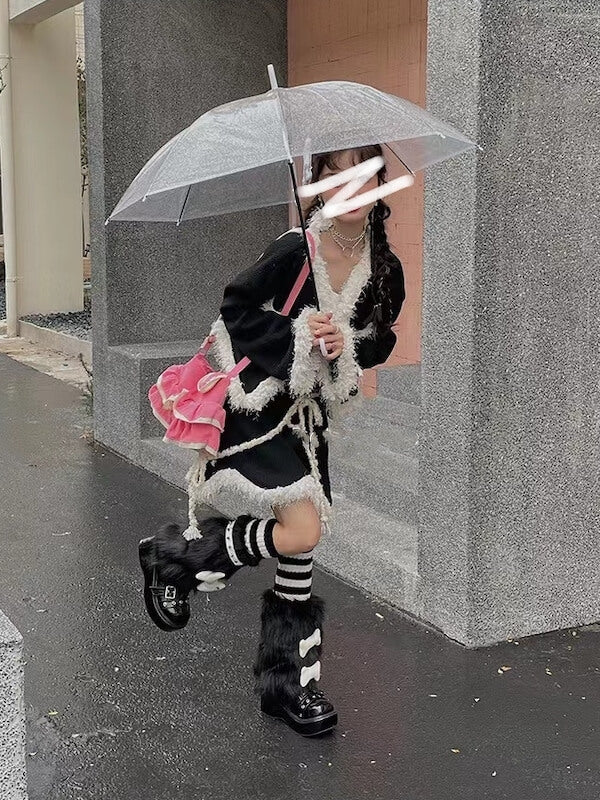 Black furry bones y2k garter leg warmers