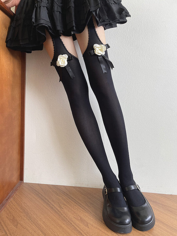 Camellia Bow Cut-Out Velvet Tights