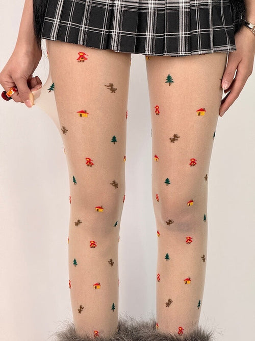 Christmas tree house dollhouse jacquard tights
