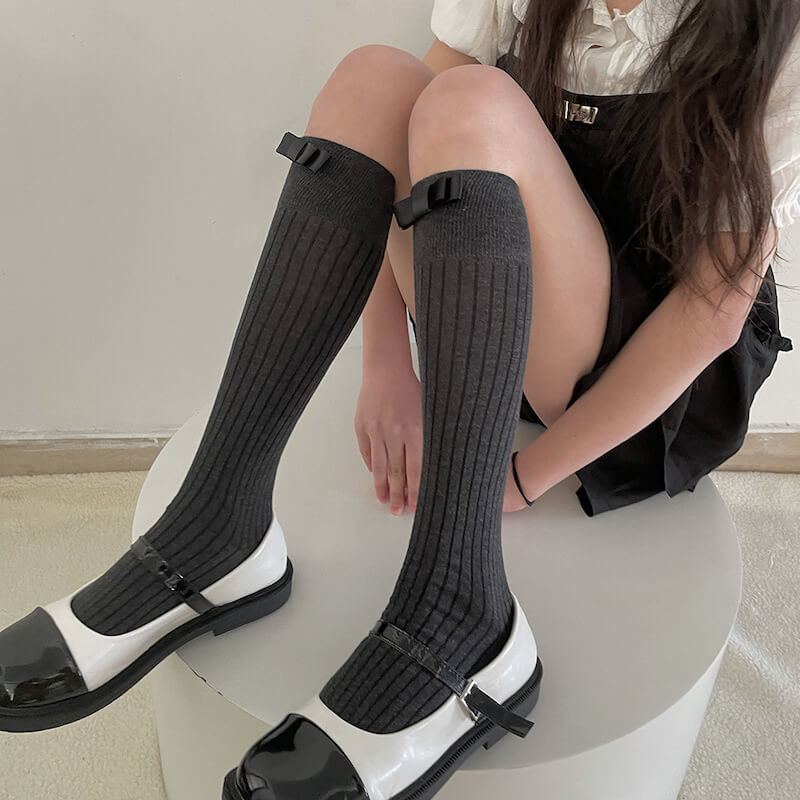 Dark Grey stockings with Black bow