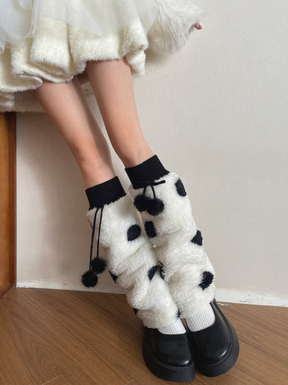 Cream Polka-Dot Pom-Pom Leg Warmers