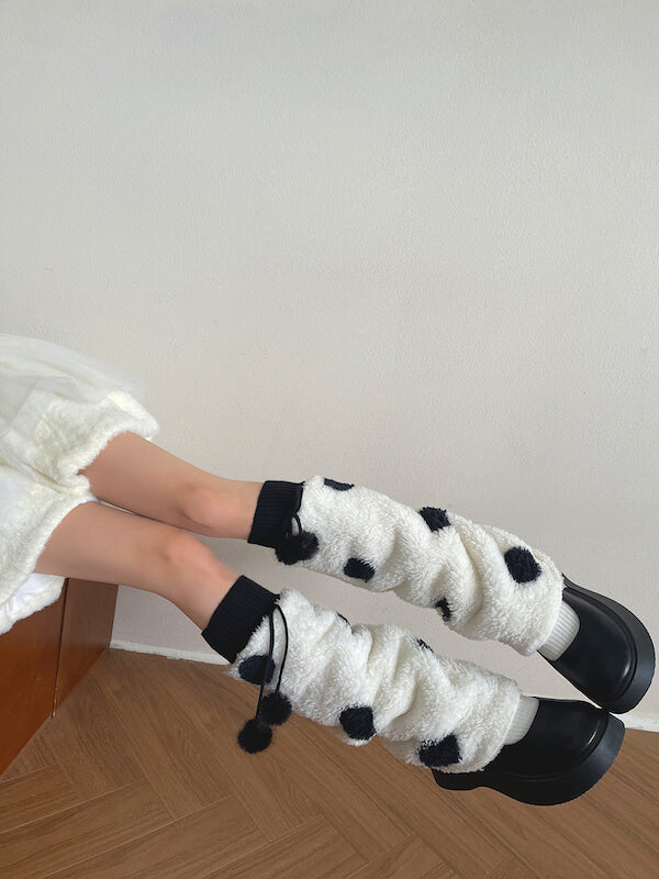 Cream Polka-Dot Pom-Pom Leg Warmers