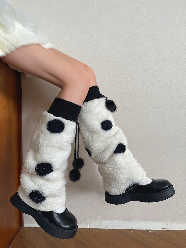 Cream Polka-Dot Pom-Pom Leg Warmers