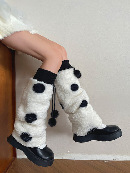 Cream Polka-Dot Pom-Pom Leg Warmers