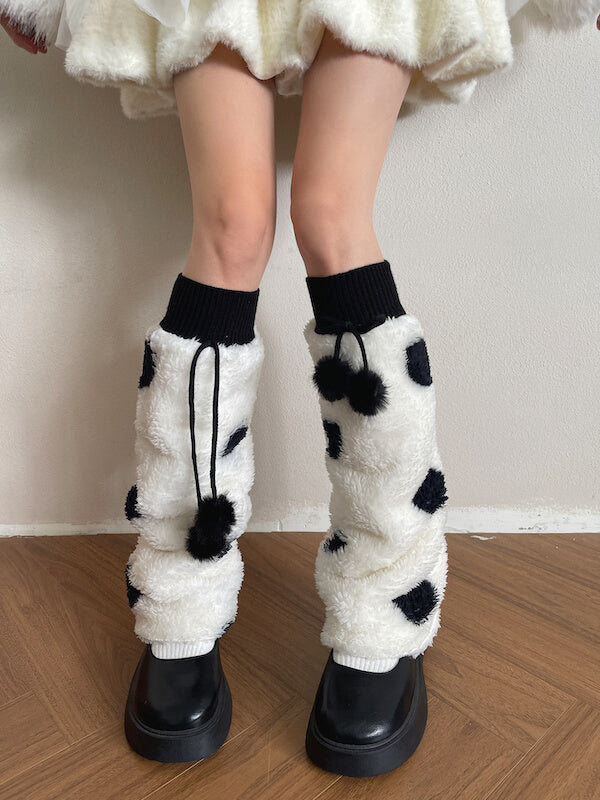 Cream Polka-Dot Pom-Pom Leg Warmers