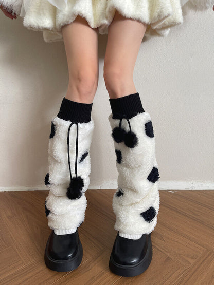 Cream Polka-Dot Pom-Pom Leg Warmers
