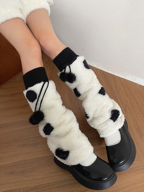 Cream Polka-Dot Pom-Pom Leg Warmers