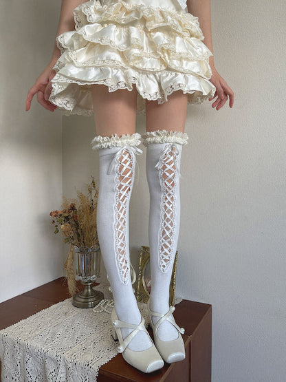 Dark coquette ribbon over-knee stockings