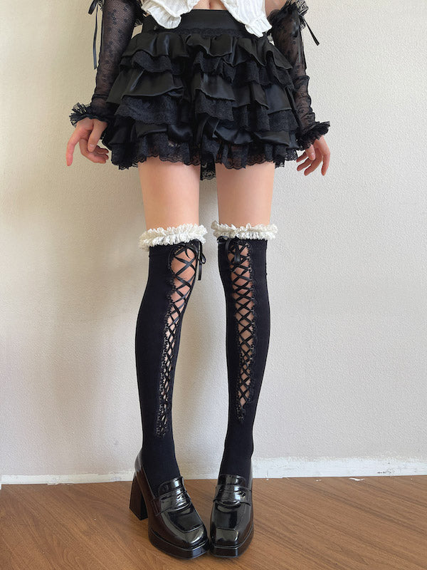 Dark coquette ribbon over-knee stockings