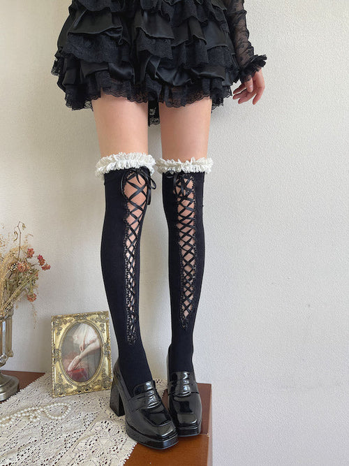 Dark coquette ribbon over-knee stockings
