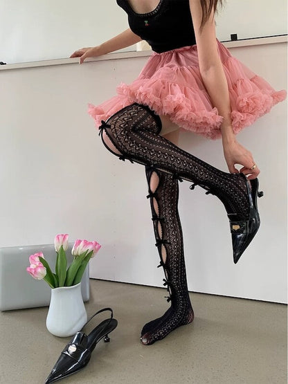 Fairy bow hollow-out lace stockings