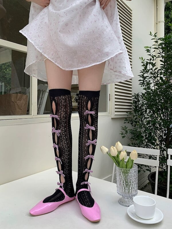 Fairy bow hollow-out lace stockings