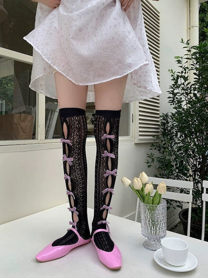 Fairy bow hollow-out lace stockings