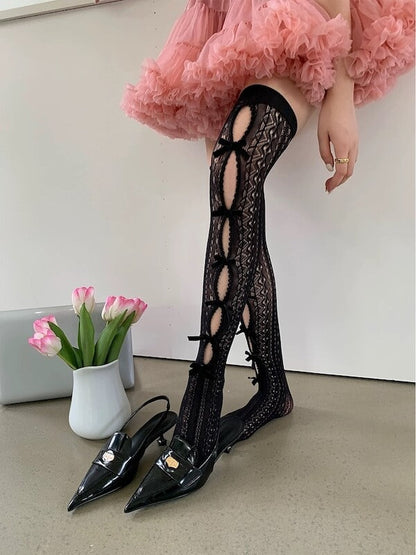 Fairy bow hollow-out lace stockings