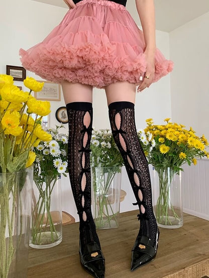 Fairy bow hollow-out lace stockings