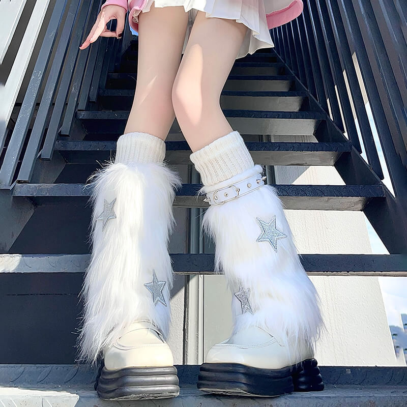 White combo (1 pair knit leg warmers+ 1 pair furry star leg warmers + 1 garter)