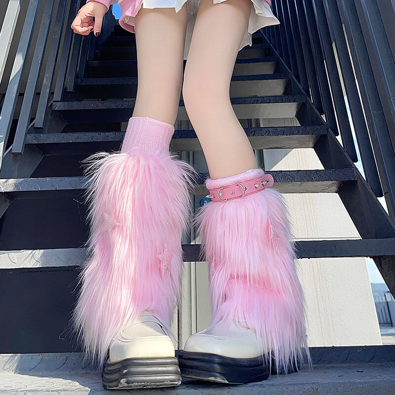 Pink combo (1 pair knit leg warmers+ 1 pair furry star leg warmers + 1 garter)