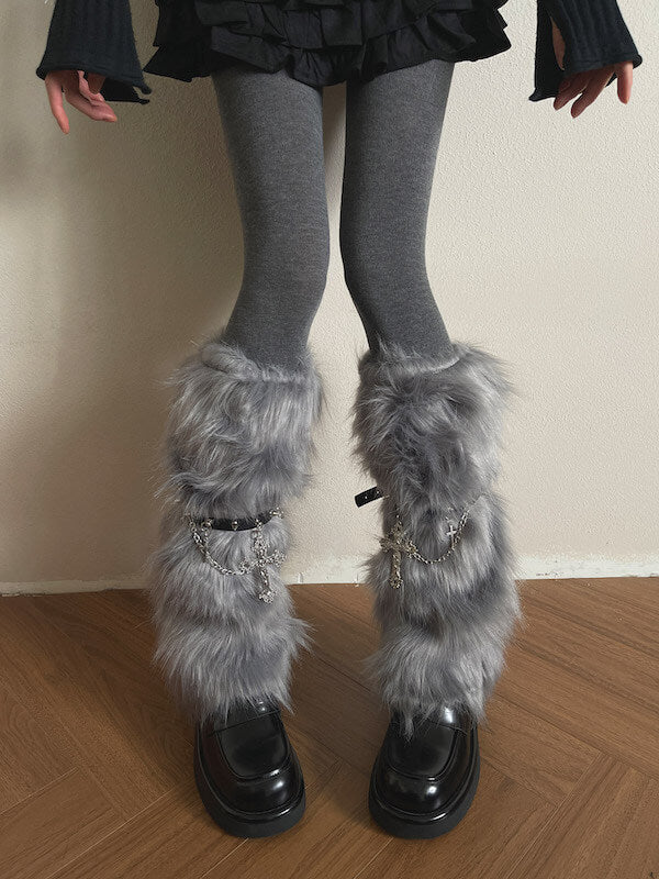 Gothic Baroque Cross Studded Chain Furry Leg Warmers
