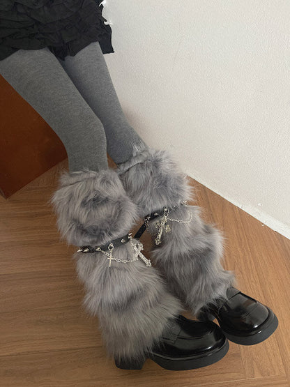 Gothic Baroque Cross Studded Chain Furry Leg Warmers