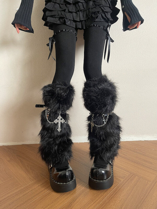Gothic Baroque Cross Studded Chain Furry Leg Warmers