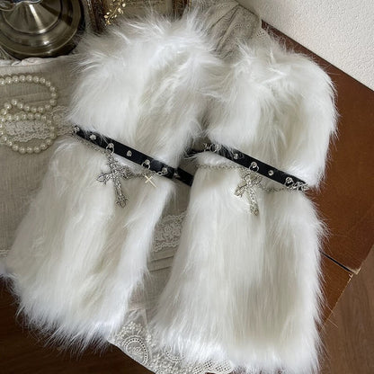 Gothic Baroque Cross Studded Chain Furry Leg Warmers
