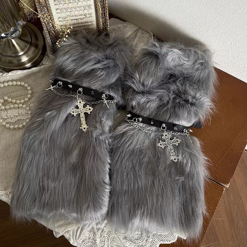 Gothic Baroque Cross Studded Chain Furry Leg Warmers
