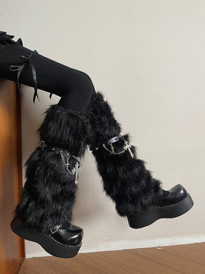 Gothic Baroque Cross Studded Chain Furry Leg Warmers