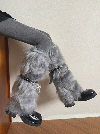 Gothic Baroque Cross Studded Chain Furry Leg Warmers