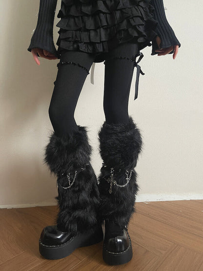 Gothic Baroque Cross Studded Chain Furry Leg Warmers