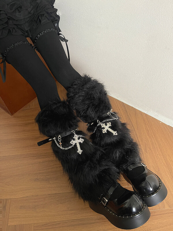 Gothic Baroque Cross Studded Chain Furry Leg Warmers