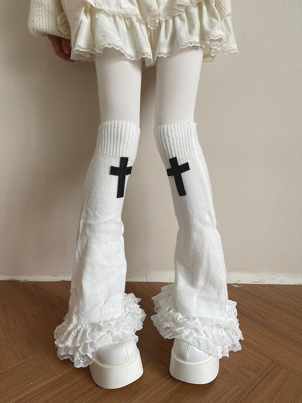 Gothic cross lace layered flared leg warmers