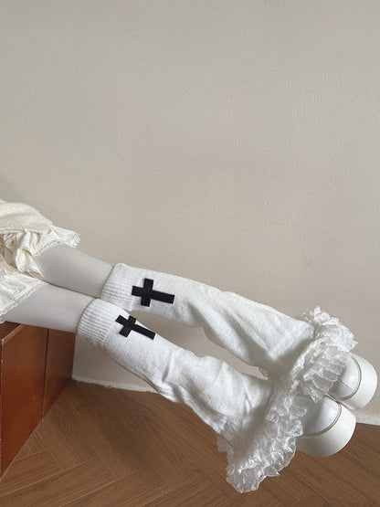 Gothic cross lace layered flared leg warmers