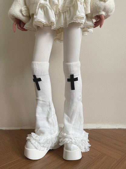 Gothic cross lace layered flared leg warmers