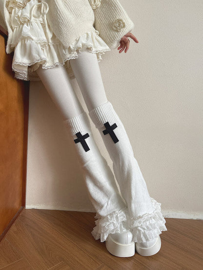 Gothic cross lace layered flared leg warmers