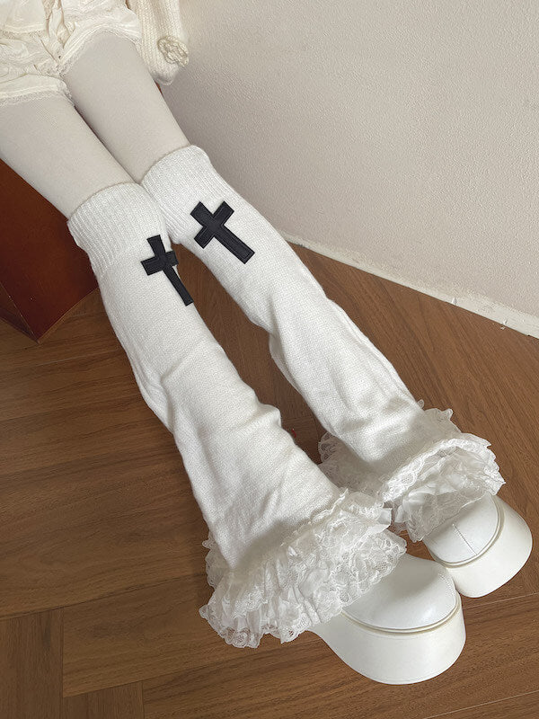 Gothic cross lace layered flared leg warmers